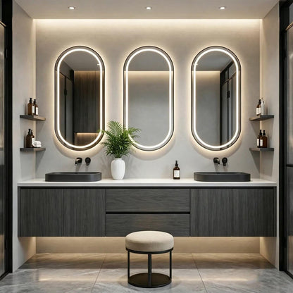 60"-96"Dark Wood Floating Bathroom Vanity with Double Sinks & LED Oval Mirrors
