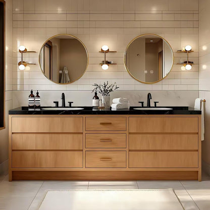 60”-96”Wood Double Sink Bathroom Vanity with Black Stone Top & Gold Round Mirrors