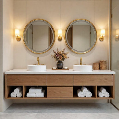 60”-84”Double Sink Bathroom Vanity Set with Round Mirrors,Wood Cabinet & White Stone Top