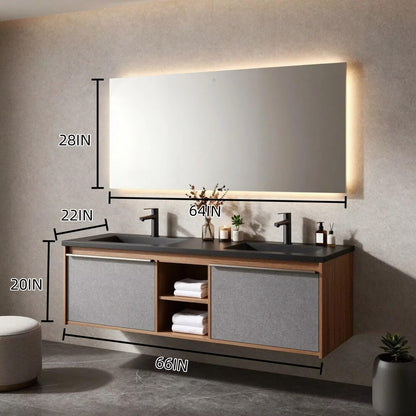 60"-96"Wall-Mounted Bathroom Vanity with Black Countertop & Open Towel Shelf