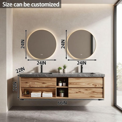 60”-84”Double Sink Floating Bathroom Vanity with LED Round Mirrors