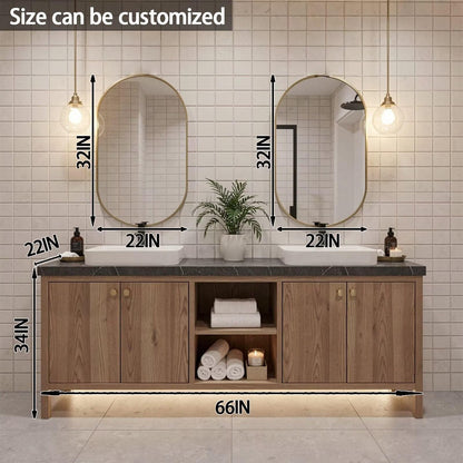 60"-96"Rustic Oak Bathroom Vanity Set with Marble Top & Gold Mirrors