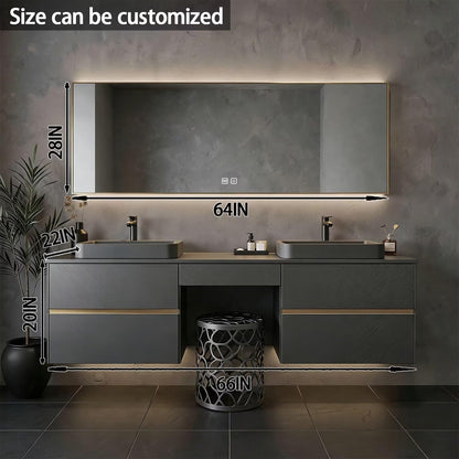 60"-84"Floating Dark Gray Bathroom Vanity with Double Vessel Sinks & LED Mirror