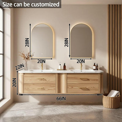 60"-84"Wall Mounted Oak Bathroom Vanity with Double Sinks & 4 Drawer Storage