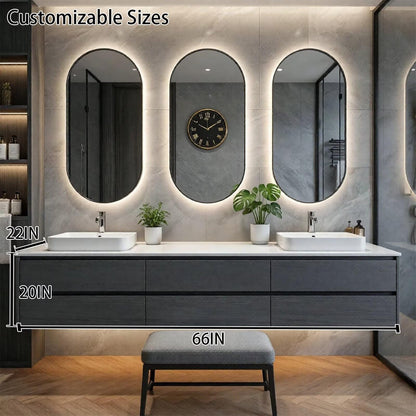 60"-96"Modern Dark Grey Floating Bathroom Vanity with Double Sinks & LED Oval Mirrors