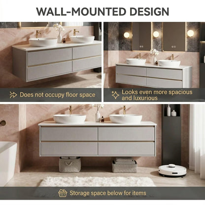 60"-84"Floating Linen Bathroom Vanity with Double Vessel Sinks & LED Arched Mirrors
