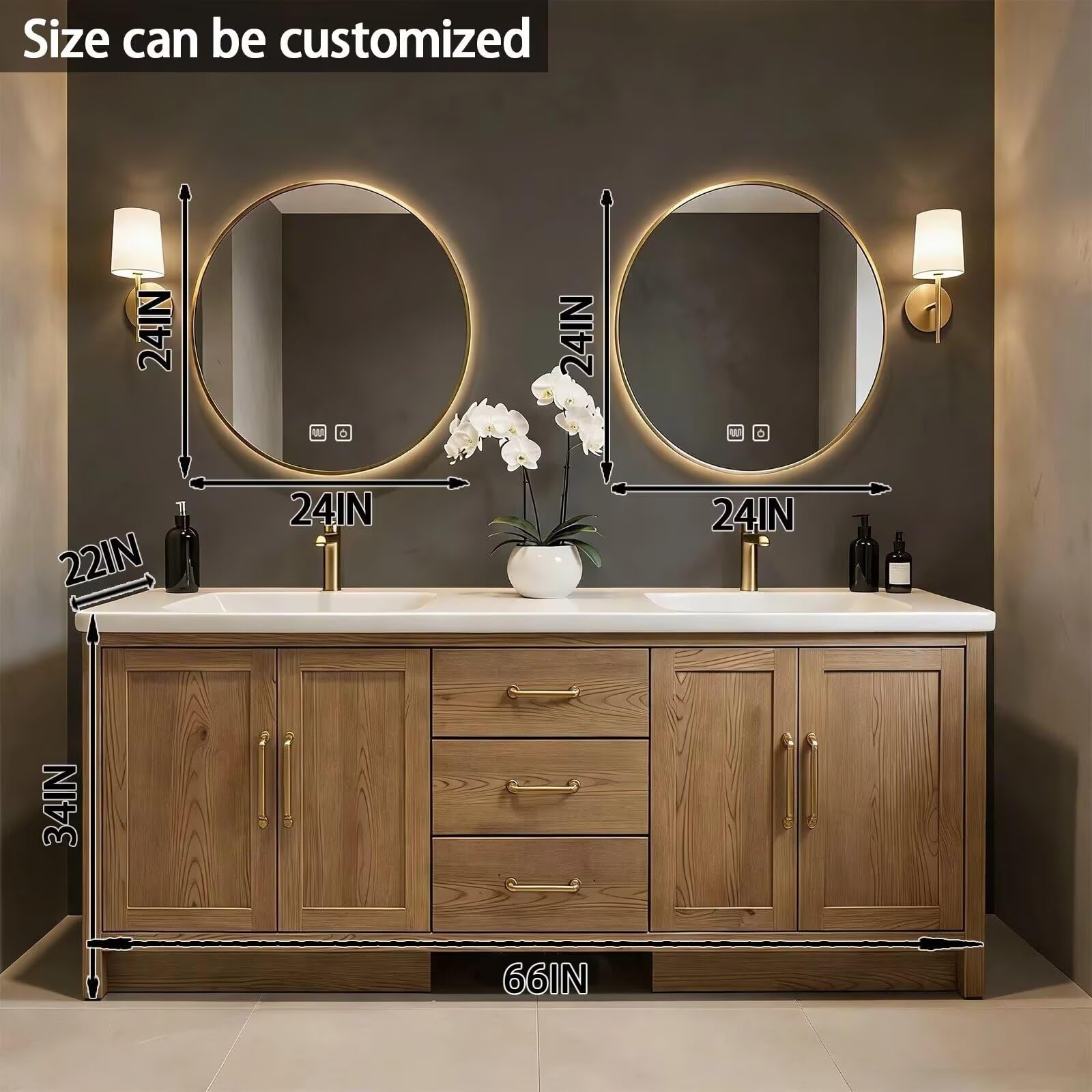 64"-96"Modern Oak Bathroom Vanity Set with Gold Hardware & White Top