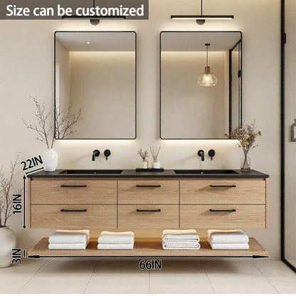 60"-84"Light Oak Floating Bathroom Vanity Set with Black Countertop & Handles