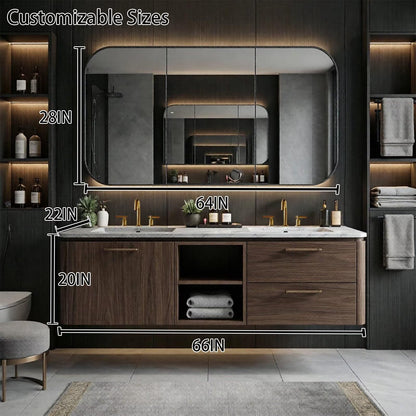 60"-96"Walnut Floating Bathroom Vanity with Marble Top & LED Framed Mirror