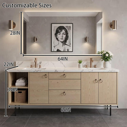 60"-96"Modern Light Oak Floating Bathroom Vanity with Double Sinks & Marble Top