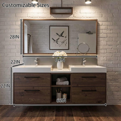 60"-96"Modern Wall-Mounted Bathroom Vanity with Open Shelf & Soft-Close Drawers