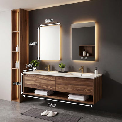 60”-96”Modern Wall-Mounted Bathroom Vanity with Walnut Finish & LED Lighted Mirrors