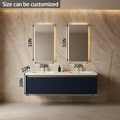 60"-84"Navy Blue Fluted Floating Bathroom Vanity with Double Sinks & LED Mirrors
