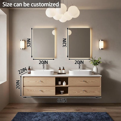 60"-84"Light Oak Floating Bathroom Vanity with Double Sinks & LED Backlit Mirrors