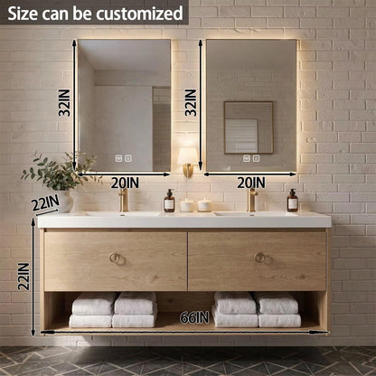 60"-84"Floating Oak Bathroom Vanity with Double Sinks & LED Mirrors