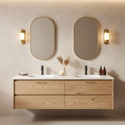 60"-96"Light Oak Bathroom Vanity with Double Sink & Wall-Mounted Storage