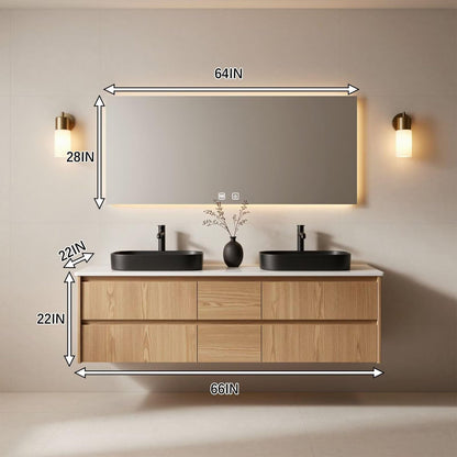 60"-96"Light Oak Bathroom Vanity with Double Sink & Wall-Mounted Drawers