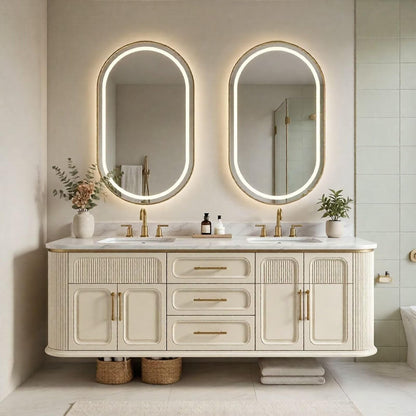 60"-96"Cream White Fluted Bathroom Vanity with Double Sink & Marble Top, Gold Hardware