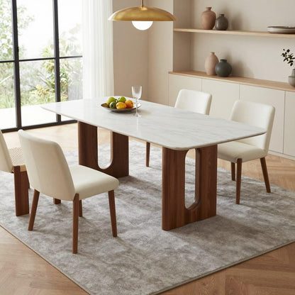 56"-96"Modern White Marble Top Dining Table, Rectangular Kitchen Table with Wood Base