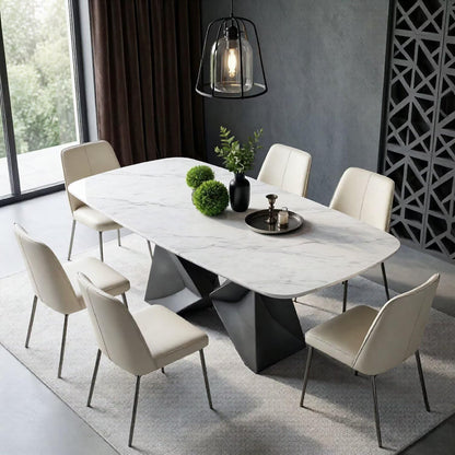 56"-96"White Marble Oval Dining Table, Modern Table with Geometric Metal Base for Kitchen