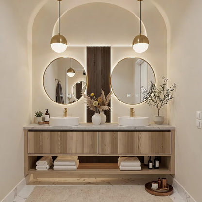 60"-84"Light Wood Bathroom Vanity with Double Sinks & Backlit Round Smart Mirrors