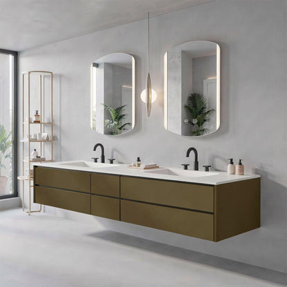 60"-96"Olive Green Floating Bathroom Vanity with Double Sinks & LED Lighted Mirrors