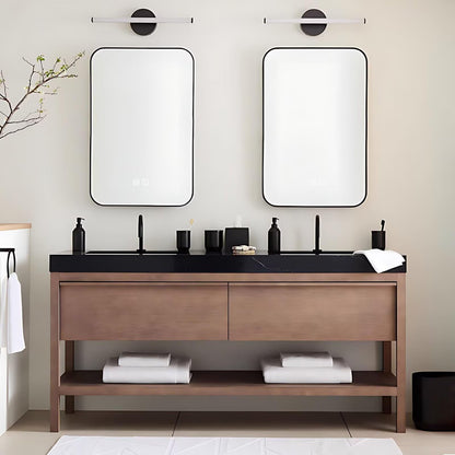60”-84”Double Sink Freestanding Bathroom Vanity, Light Oak Cabinet with Black Marble Top