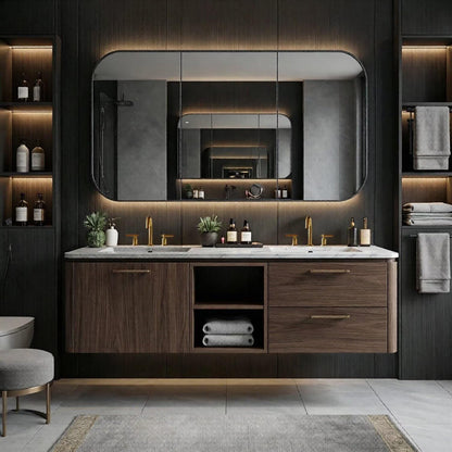 60"-96"Walnut Floating Bathroom Vanity with Marble Top & LED Framed Mirror