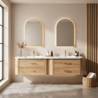 60"-84"Wall Mounted Oak Bathroom Vanity with Double Sinks & 4 Drawer Storage