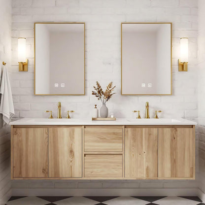 60”-84”Double Sink Floating Bathroom Vanity with 2 Gold LED Mirrors, Light Oak Wall Mounted Vanity with White Top