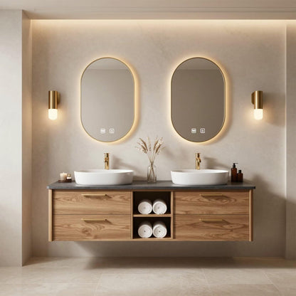 60”-96” Light Oak Floating Bathroom Vanity with Double Sinks & LED Oval Mirrors