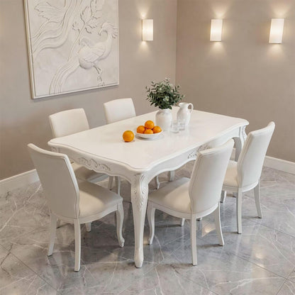 60"-80"White French Country Dining Table Set with 6 Chairs, Carved Wood, Seats 6