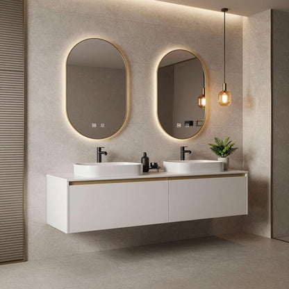 60”-78”Double Vanity, White Floating Cabinet with Gold Trim Oval LED Mirrors