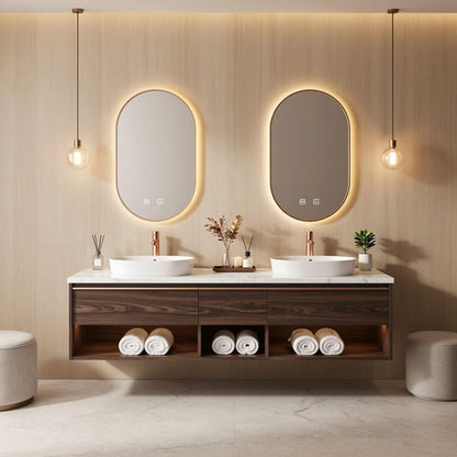 60"-84"Modern Dark Wood Bathroom Vanity with Dual Sinks & Smart LED Oval Mirrors