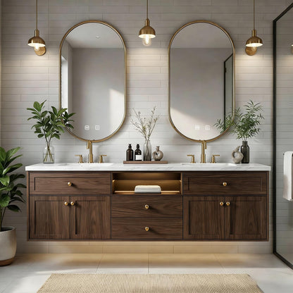 60"-84"Wall Mounted Walnut Bathroom Vanity with Double Sinks & Illuminated Open Shelf