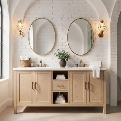 60"-96"Light Oak Bathroom Vanity with Double Sinks & Gold Framed Oval Mirrors