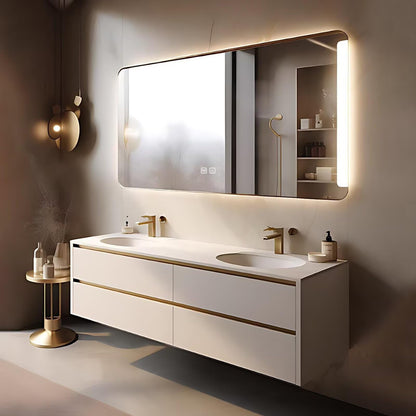 60”-84”Double Sink Floating Bathroom Vanity with LED Backlit Mirror, White Gold Cabinet