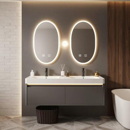 60”-78”Double Sink Floating Bathroom Vanity with LED Oval Mirrors, Dark Gray Cabinet