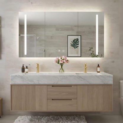 60"-84"Modern Light Oak Floating Bathroom Vanity with Double Sinks & Marble Top