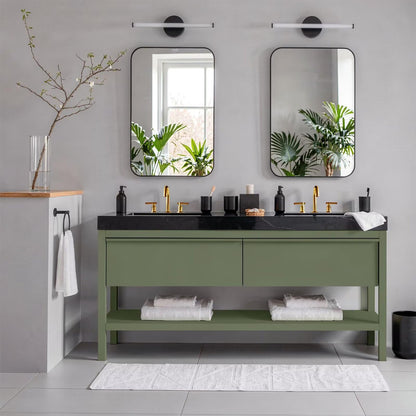 60"-96"Olive Green Bathroom Vanity with Double Sinks, Black Marble Top & Gold Hardware