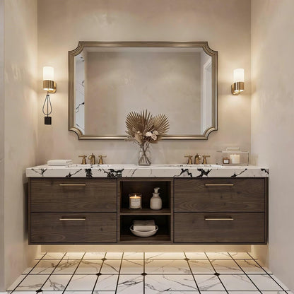 60”-84”Double Floating Vanity with Gold Trim Mirror, Espresso Wood & Marble Countertop