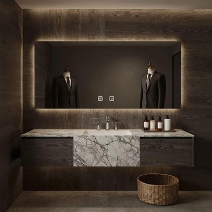 52”-72”Single Sink Floating Bathroom Vanity with LED Backlit Mirror, Dark Marble & Wood Cabinet