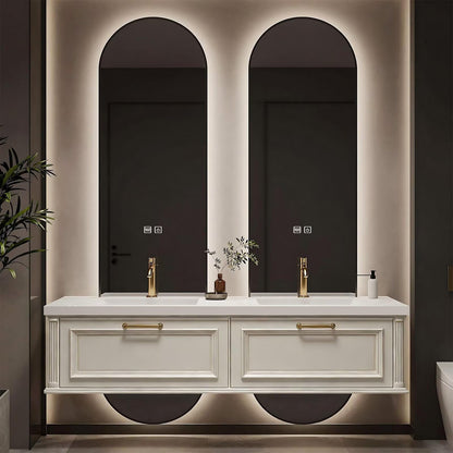 60”-84”Floating Double Sink Bathroom Vanity with LED Arch Mirrors, Wall Mounted Cream White Vanity with Gold Handles, Modern Bathroom Cabinet