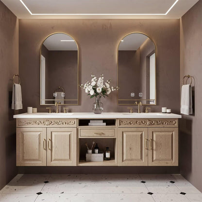 60”-84”Double Sink Floating Bathroom Vanity with Gold Arch Mirrors, Light Oak Carved Cabinet