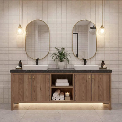 60"-96"Rustic Oak Bathroom Vanity Set with Marble Top & Gold Mirrors