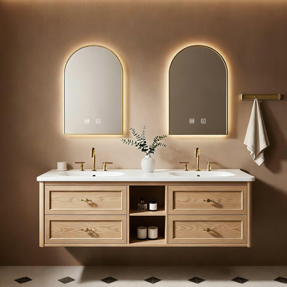 60”-84”Double Sink Floating Bathroom Vanity with Gold Arch LED Mirrors, Light Oak Cabinet