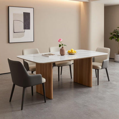 60"-80"Modern White Marble Dining Table Set with 4 Upholstered Chairs, Wood Legs