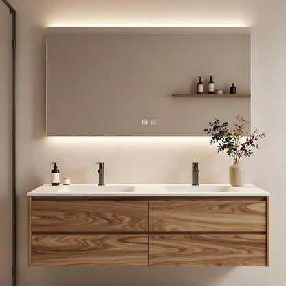 60”-84” Double Sink Floating Bathroom Vanity with LED Backlit Mirror, Wall Mounted Walnut Vanity with White Top & Storage