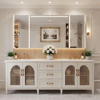 60"-96"Modern Farmhouse Bathroom Vanity, Light Wood Cabinet with Drawers & Arched Openings