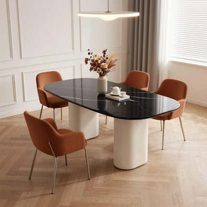 60"-80"Modern Oval Dining Table with Black Marble Top & Cream Base, Seats 4-6